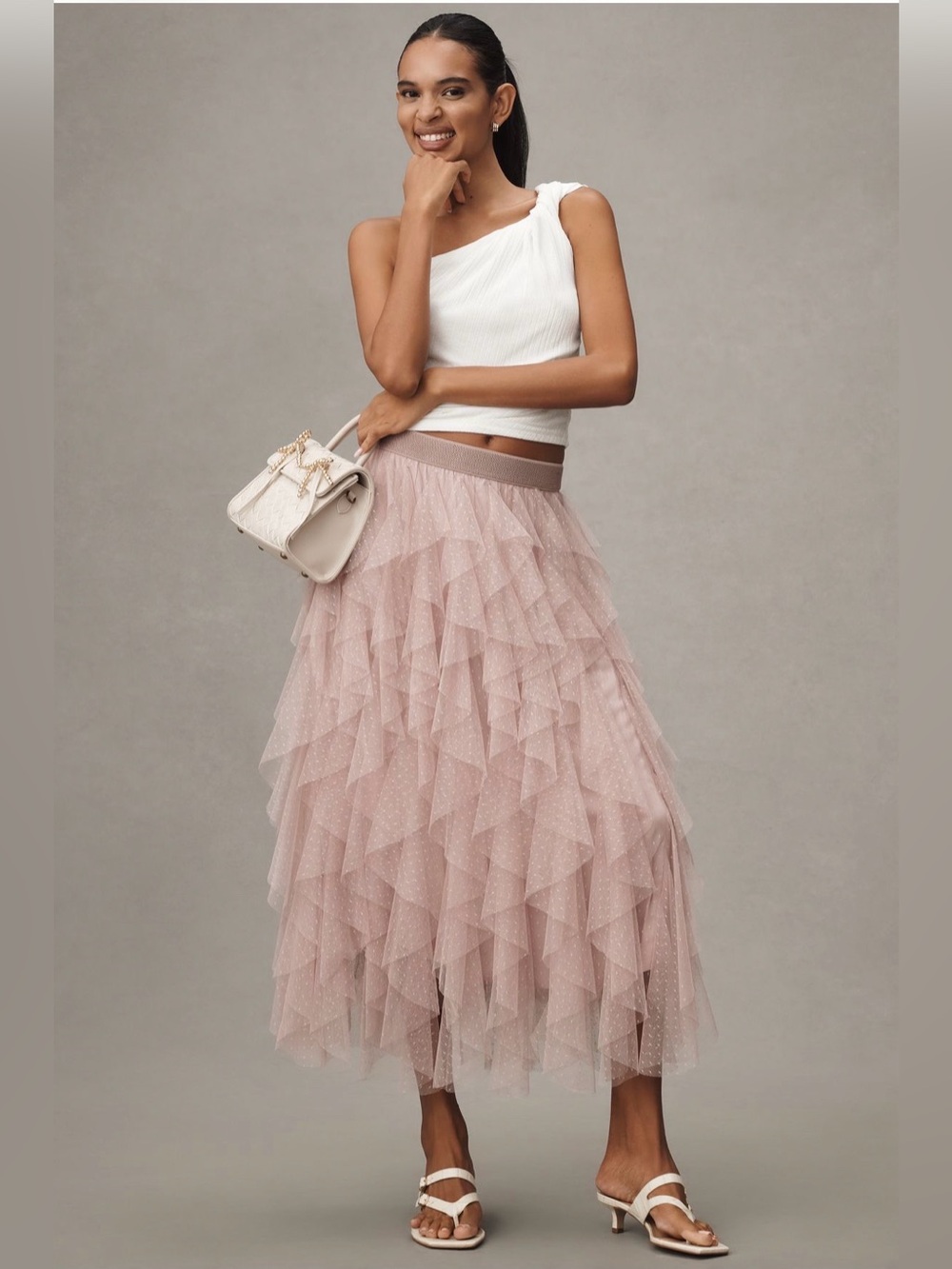 Anthropologie Cheri Ruffled Tulle Midi Skirt